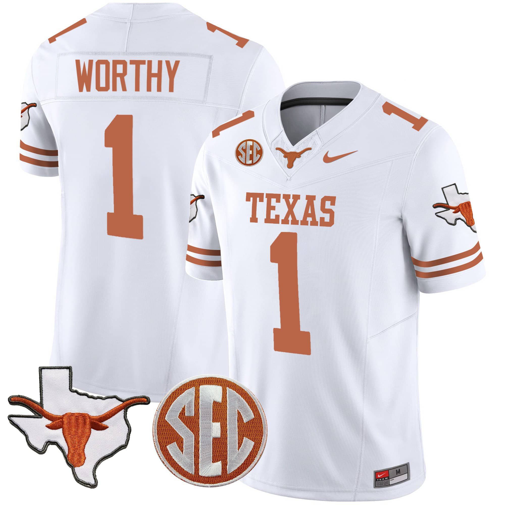 Men Texas Longhorns #1 Worthy White 2024 Nike State Map & SEC Patch Vapor NCAA Jersey->indianapolis colts->NFL Jersey